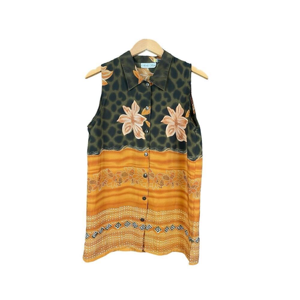 Marla Kim Olive Green & Rust Top Women Size Large Sleeveless Button Down Vintage